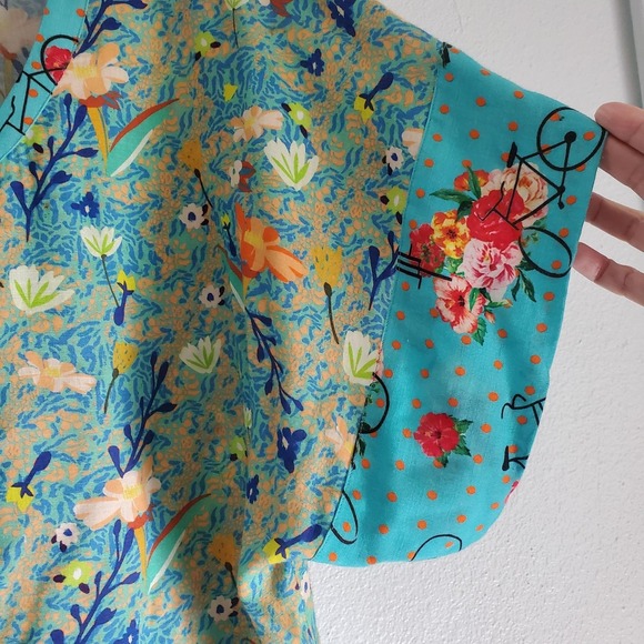 Benares Shirt Womens Small Teal Floral Boho Tunic Kimono Sleeve Oversized Artsy‎ - Picture 2 of 8